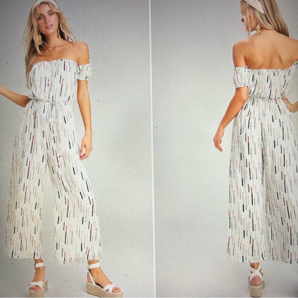 LULU'S 'True Radiance' Off Shoulder Cropped Jumpsuit, White/Multi, Size …